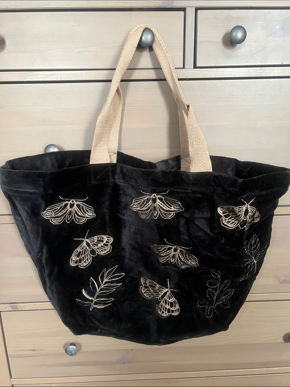 Black Velvet Tote Bag with Gold Embroidered Moths and Natural Handles